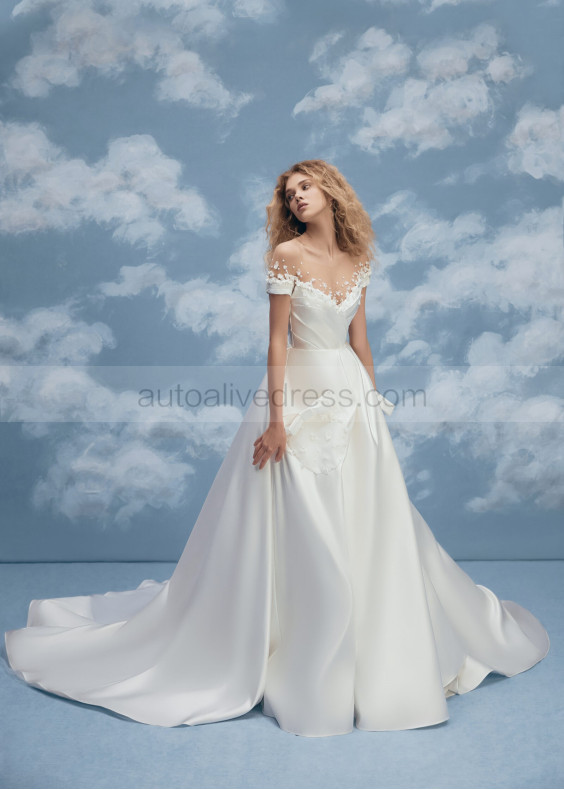 Short Sleeves Ivory 3D Flowers Satin Gorgeous Wedding Dress